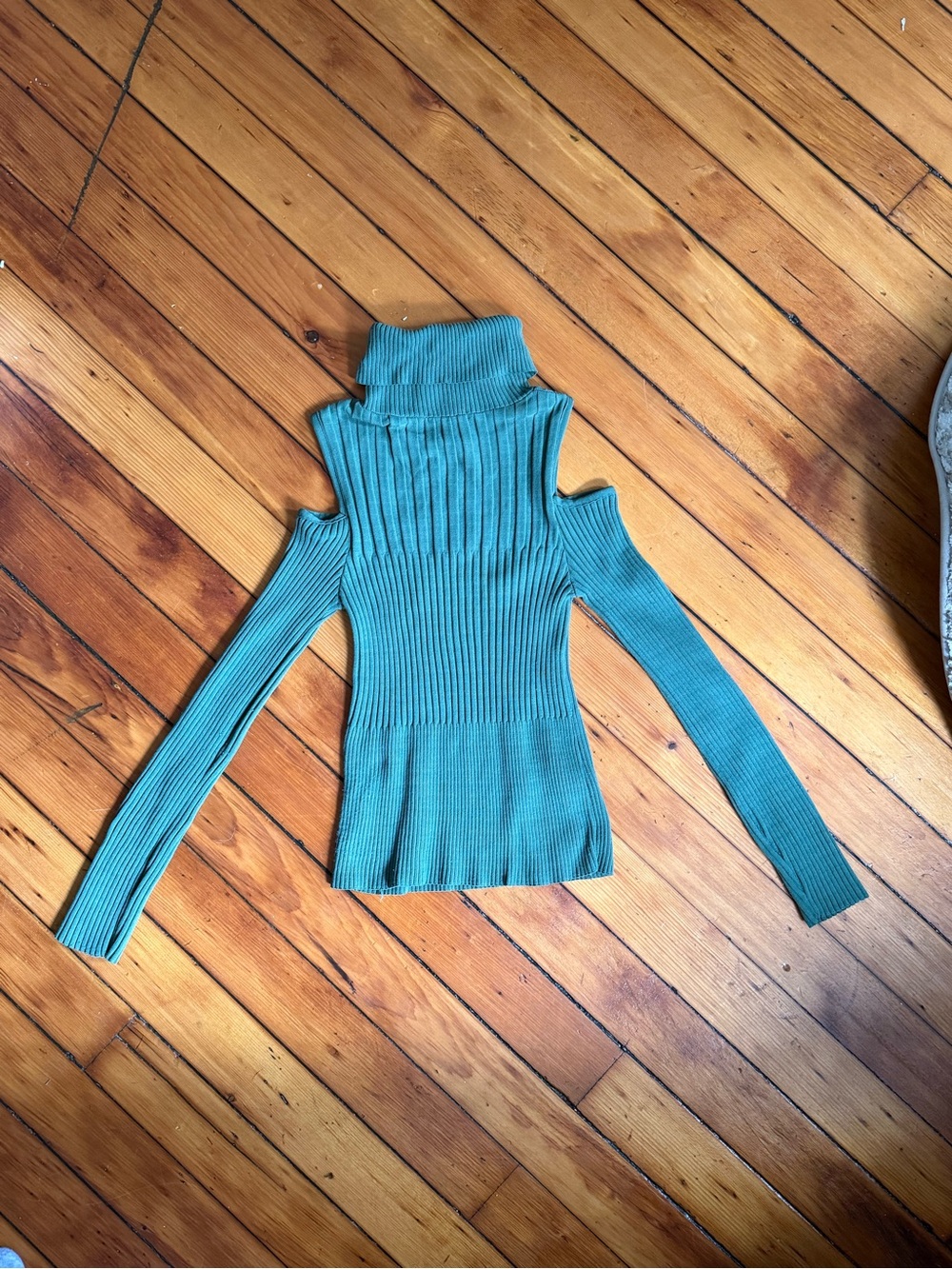 refuge Teal Ribbed Cold-Shoulder Turtleneck Sweater